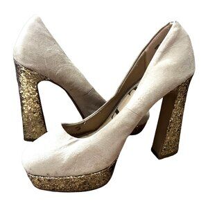 Beige Suede Platform Heels With Gold Glitter Block Heel & Sole Womens Size 6 Sty
